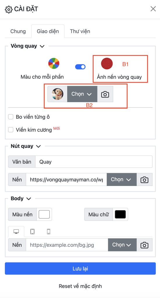 thêm hình nền cho vòng quay may mắn - Giao diện trực quan của công cụ thêm hình nền cho vòng quay may mắn trên nền tảng VQMM.CO