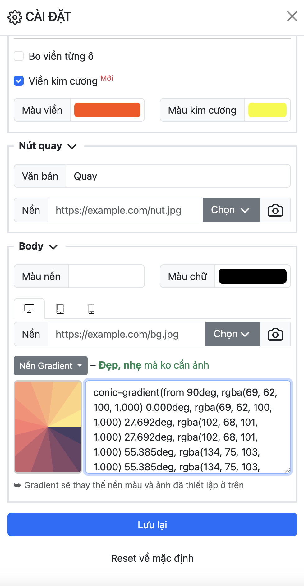 cài đặt màu nền Gradient vòng quay may mắn - Kết quả hiển thị minh bạch, chính xác khi sử dụng cài đặt màu nền Gradient vòng quay may mắn