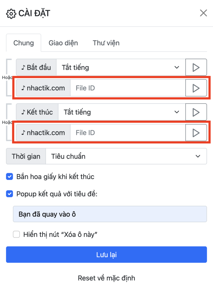 chèn nhạc TikTok vào vòng quay may mắn - Giao diện trực quan của công cụ chèn nhạc TikTok vào vòng quay may mắn trên nền tảng VQMM.CO