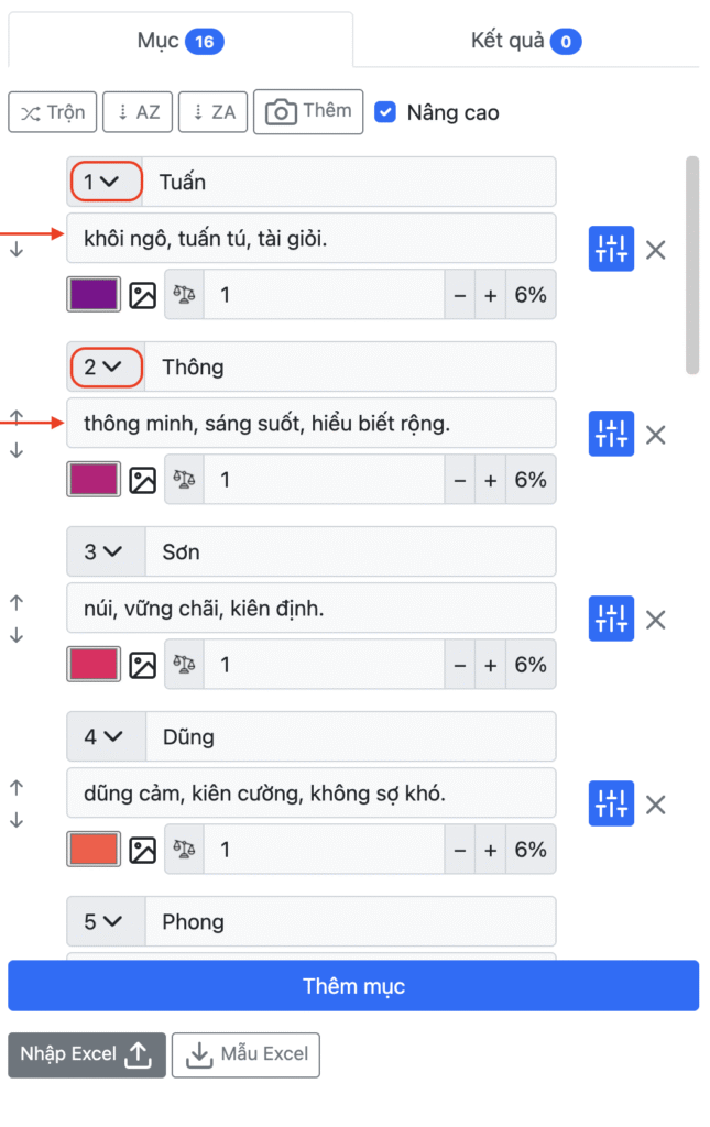 thêm mô tả cho từng mục vòng quay - Hướng dẫn tùy biến màu sắc, âm thanh và danh sách cho thêm mô tả cho từng mục vòng quay