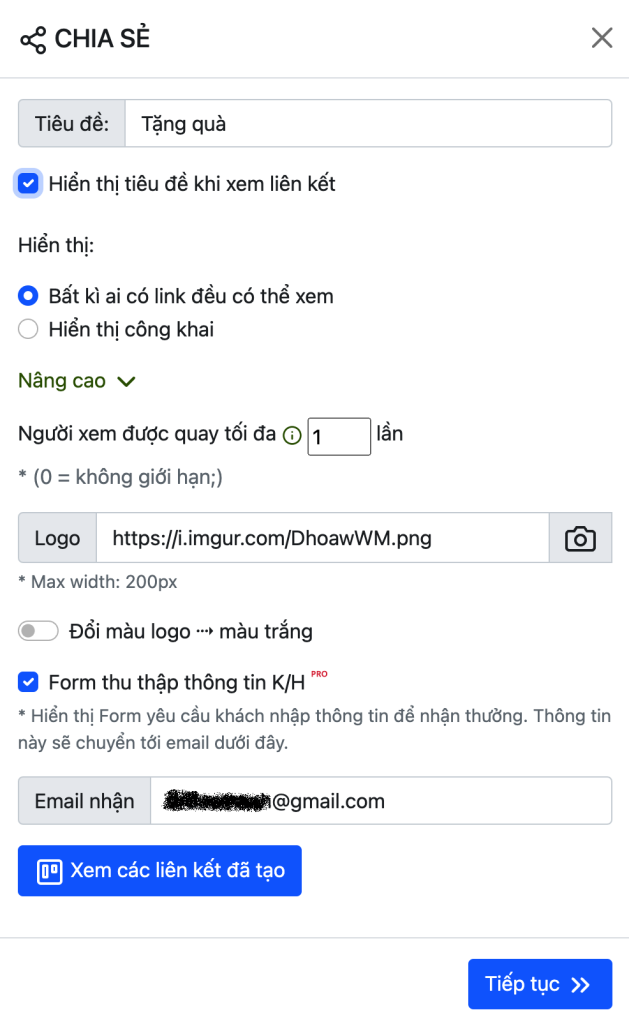 Biểu mẫu tạo link chia sẻ vòng quay may mắn gửi vào nhóm Zalo