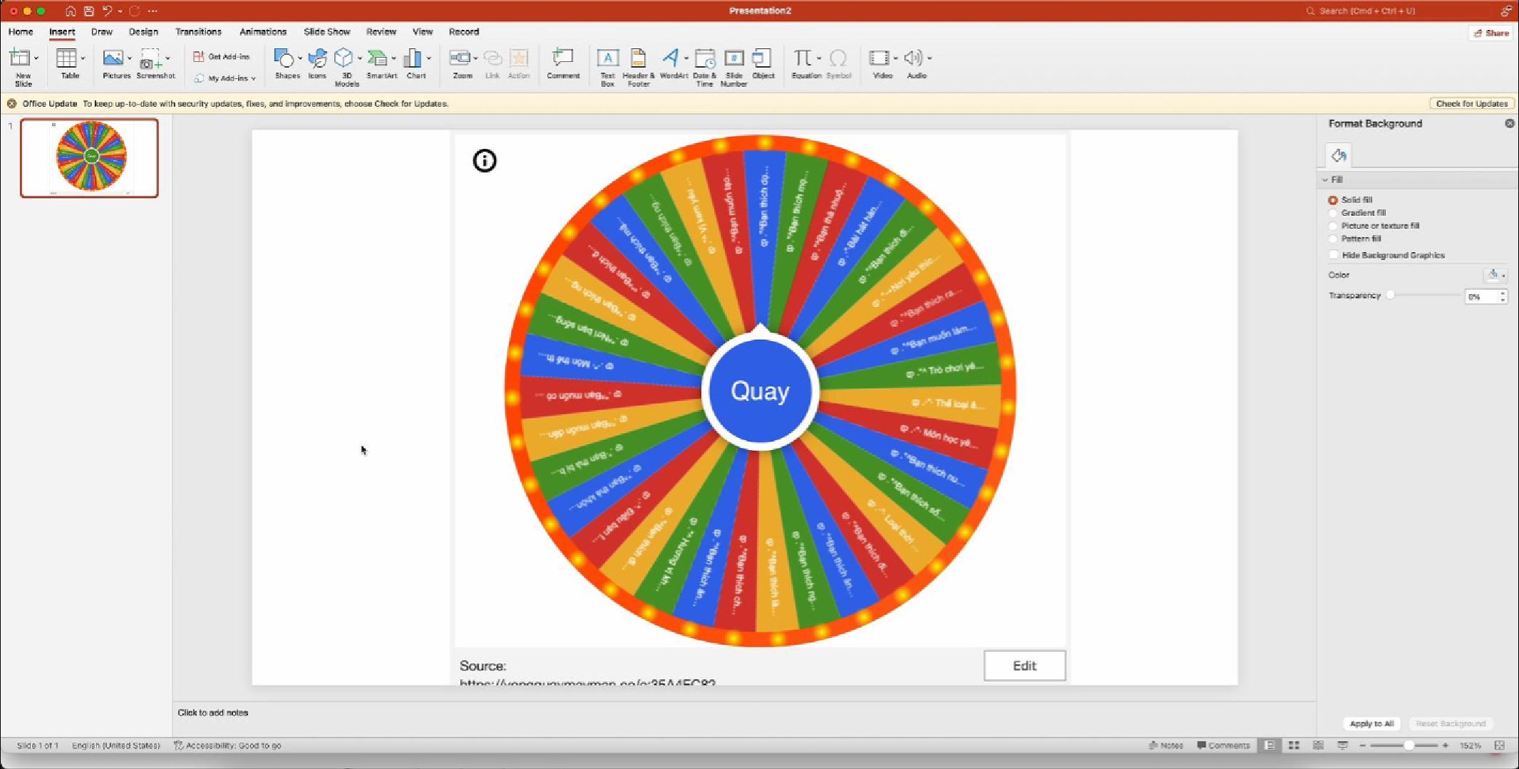 đưa vòng quay may mắn lên PowerPoint - Hướng dẫn tùy biến màu sắc, âm thanh và danh sách cho đưa vòng quay may mắn lên PowerPoint