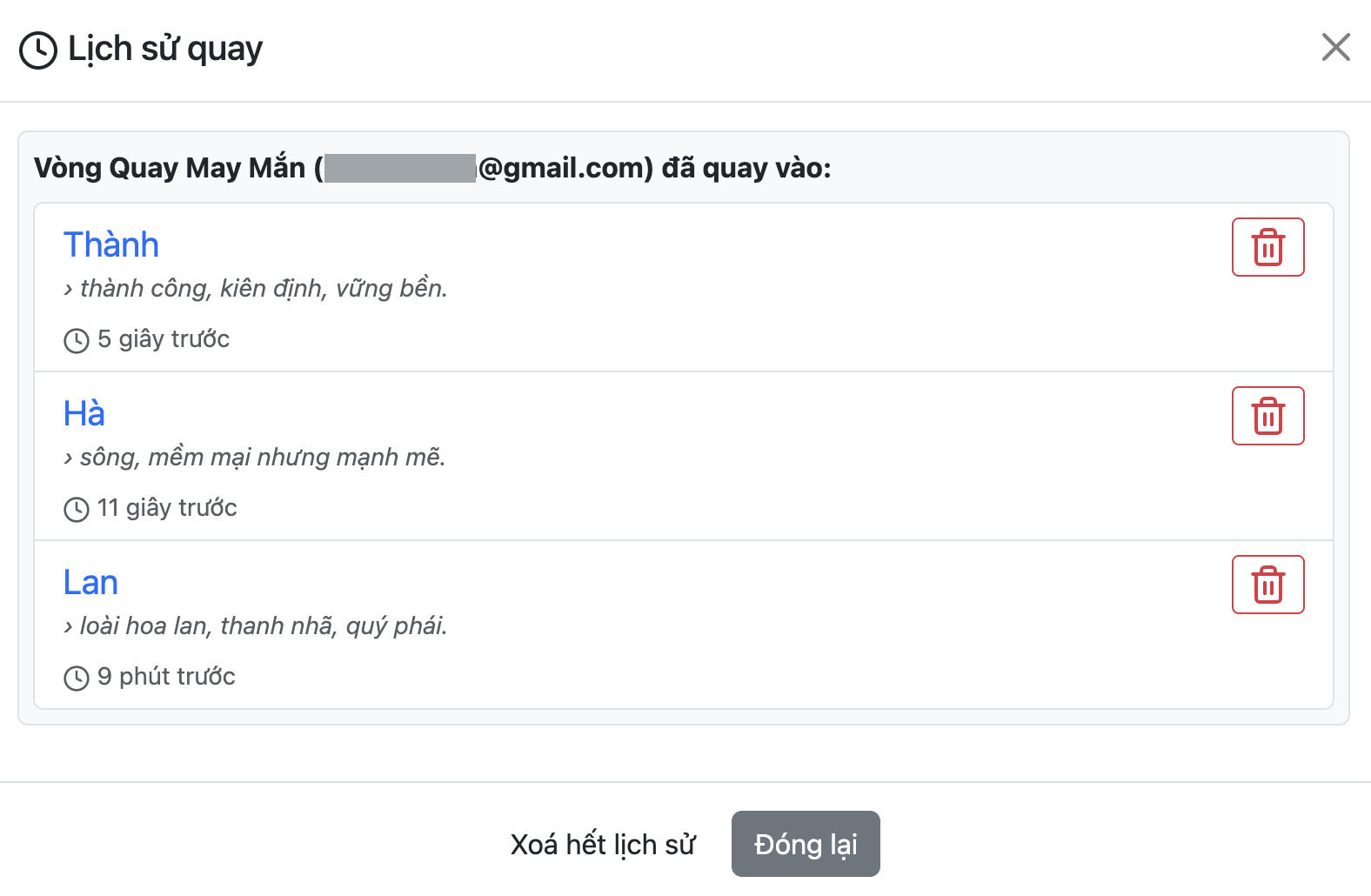 lưu lịch sử vòng quay may mắn - Kết quả hiển thị minh bạch, chính xác khi sử dụng lưu lịch sử vòng quay may mắn