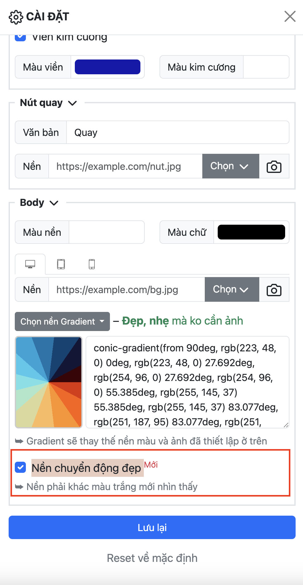 nền chuyển động vòng quay may mắn - Hướng dẫn tùy biến màu sắc, âm thanh và danh sách cho nền chuyển động vòng quay may mắn