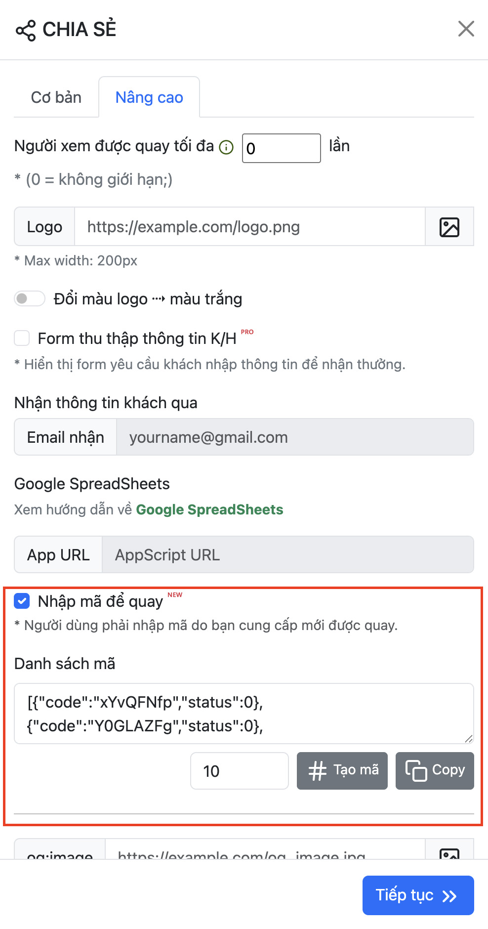 form nhập mã code trước khi quay - Giao diện trực quan của công cụ form nhập mã code trước khi quay trên nền tảng VQMM.CO