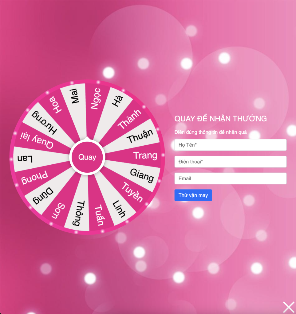 popup vòng quay may mắn website - Hướng dẫn tùy biến màu sắc, âm thanh và danh sách cho popup vòng quay may mắn website