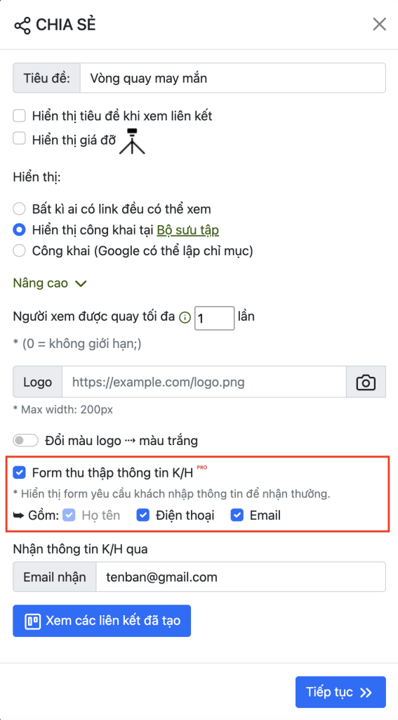 tùy biến form thu thập thông tin vòng quay - Giao diện trực quan của công cụ tùy biến form thu thập thông tin vòng quay trên nền tảng VQMM.CO